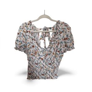 Milk & Honey Floral Smocked Puff Sleeve Top Open Back Tie Size L cottage core